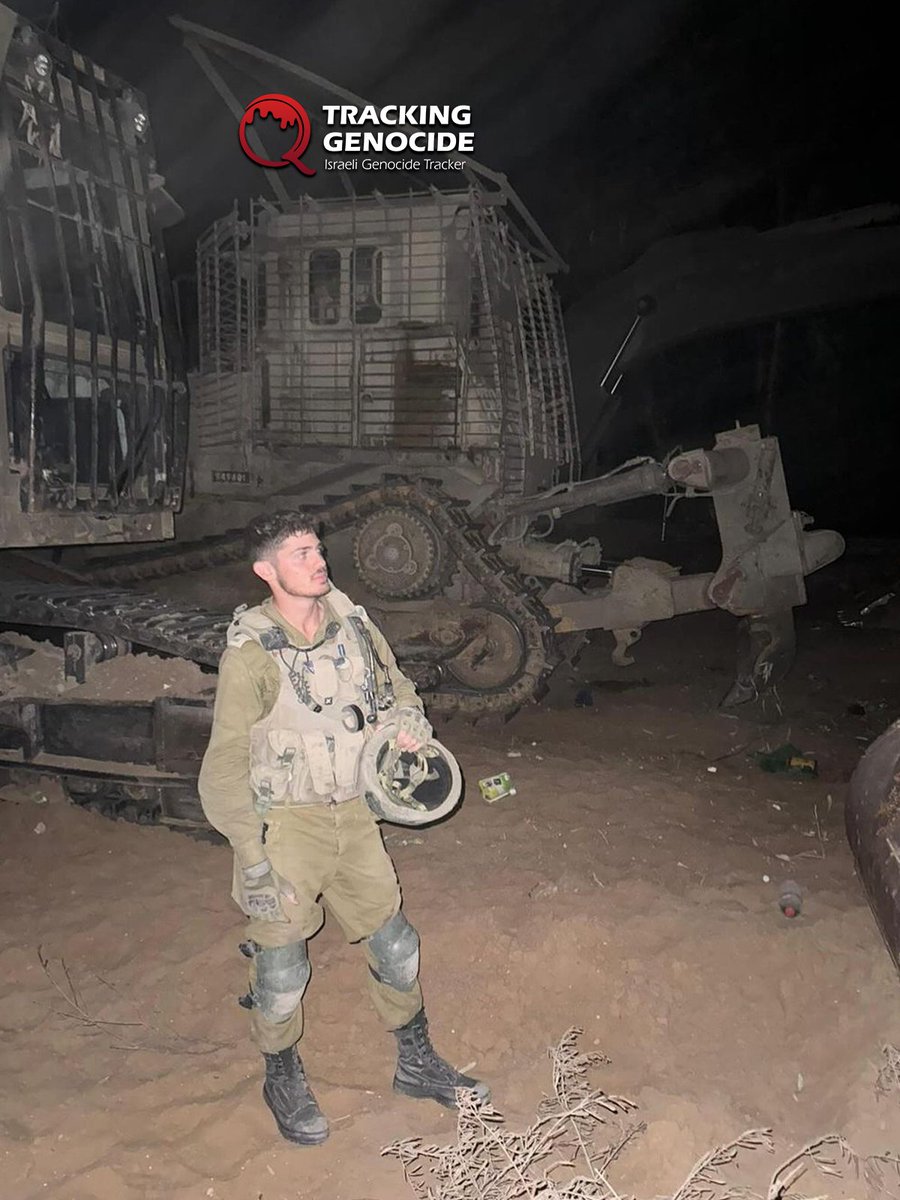 trackingisrael's tweet image. Israeli soldier Rotem Bein from the Engineering Corps participated in the genocide in Gaza by operating a D9 bulldozer, destroying and razing Palestinian neighborhoods and cemeteries.

He was targeted by the resistance and was critically wounded.