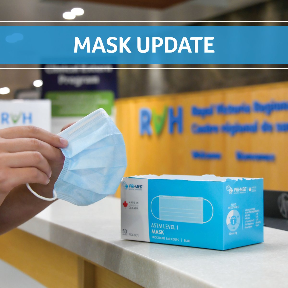 Starting October 29, masking will be required in patient rooms and treatment areas when interacting with Team RVH, patients and visitors. In other areas (hallways, food court and other public areas) masks will remain optional, but encouraged.
