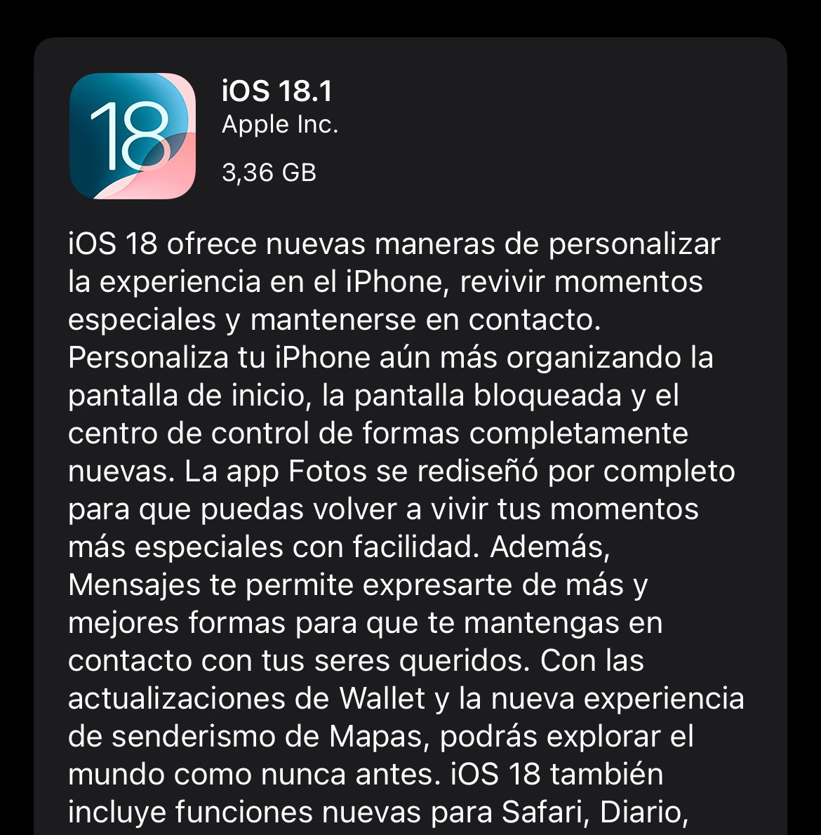 Mundoappleco's tweet photo. iOS 18.1 actualización disponible para todos los dispositivos compatibles. https://t.co/Hgl2G65gpk