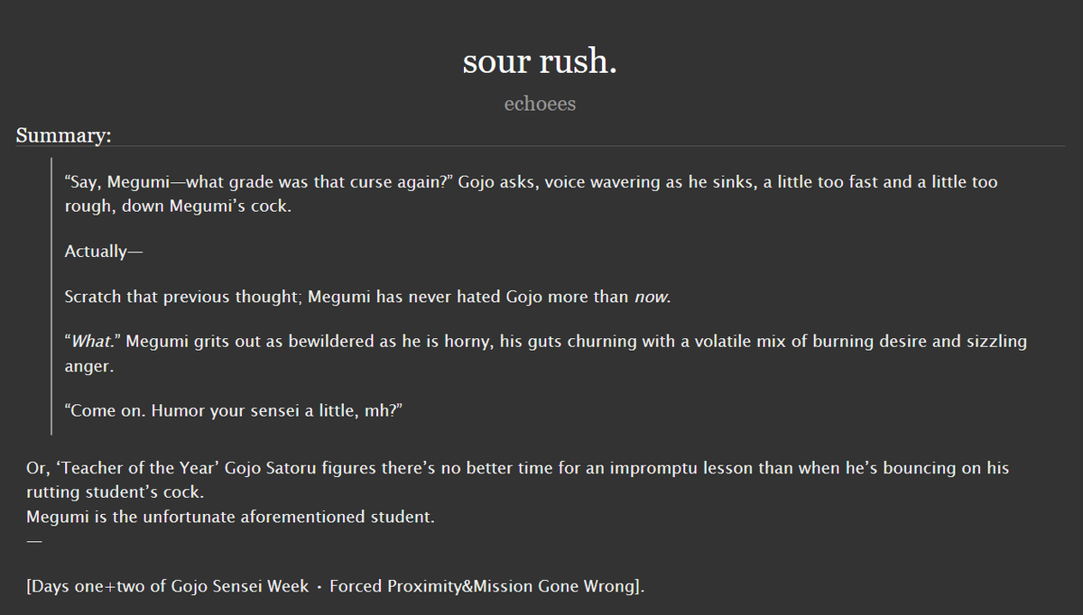 aerialecho's tweet photo. ‘sour rush’

· #fushigo #伏五 | rated e | 3k
· omegaverse | sex pollen | orgasm denial | power bottom gojo
· for days 1+2 of #gojosenseiweek2024; forced proximity&amp;mission gone wrong

🔗https://t.co/HnKPVy4U7B https://t.co/dqtgcROllW