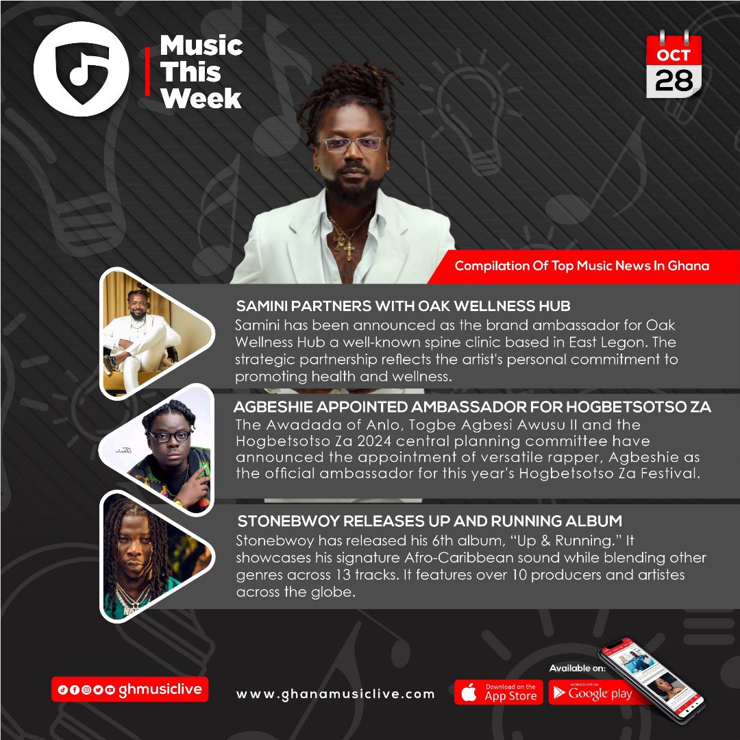 ghmusiclive's tweet photo. Here are top happenings in the music industry in the last 7days;
@samini_dagaati partners with @oakwellnesshub
@AgbeshieMusic appointed ambassador
@stonebwoy releases "Up & Running" Album
#musicthisweek
#ghmusiclive
#musiconthego https://t.co/I4zLIRkcUt