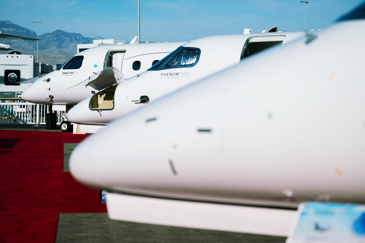 embraer's tweet photo. Today's #EmbraerSelection brings you the best views of the stars of #NBAABACE 2024, the industry-leading #Praetor600, the best-selling light jet for 12 consecutive years, the #Phenom300E, and the newest evolution of the Phenom family, the #Phenom100EX. https://t.co/5i8mP6MRZm