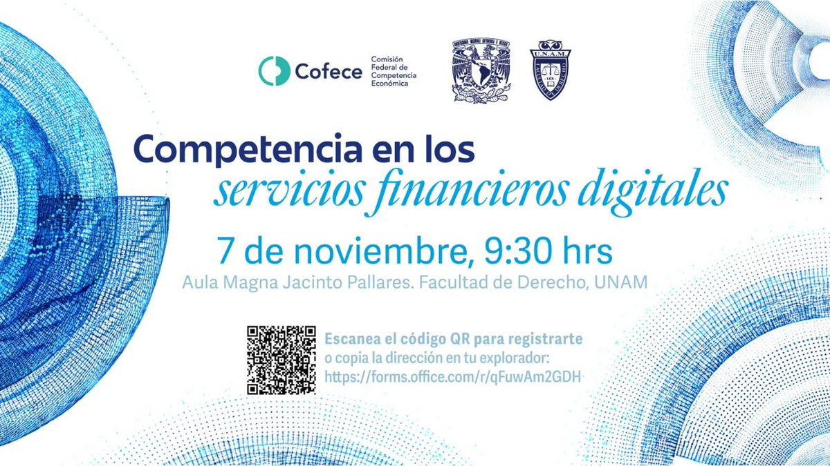 💸📲 Te invitamos este 7 de noviembre a acompañarnos en nuestra conferencia sobre #Competencia en Servicios Financieros Digitales. Conoce los retos, innovaciones y oportunidades para usuarios y empresas. #Fintech #Competencia

Regístrate escaneando el código QR de la imagen.👇