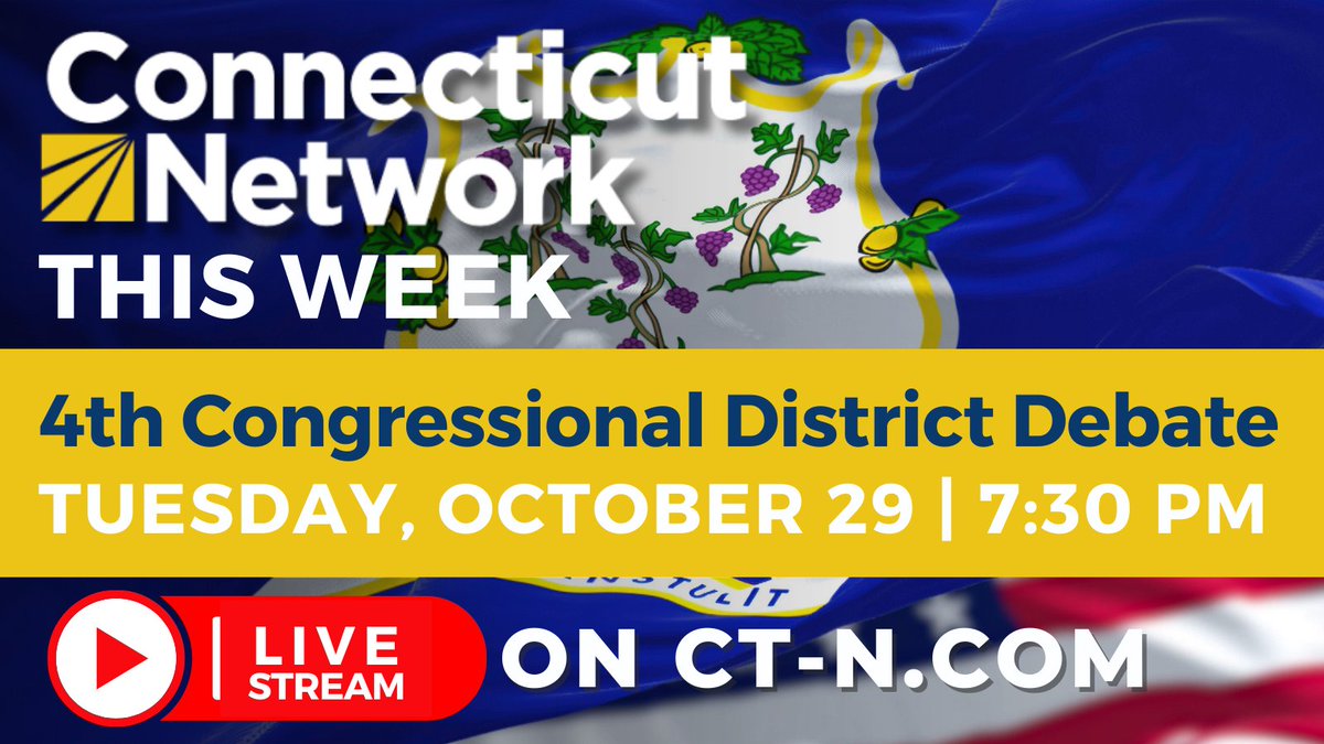 CTNetworkTV's tweet photo. Watch the 4th Congressional District Debate tomorrow at 7:30 pm online at https://t.co/eJUt3BSqBm or streaming on Roku. The debate features Rep. Jim Himes (D-CT) and challengers, Michael Goldstein (R) and Benjamin Wesley (I). This event is sponsored by CT Examiner. #CTNetwork https://t.co/LjiFHcC7Ls