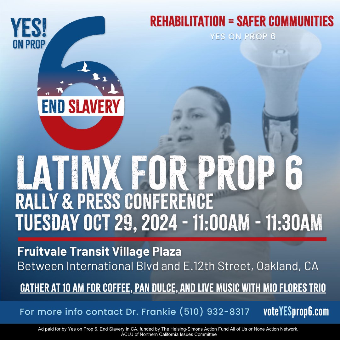 AOUONaction's tweet photo. OAKLAND! The Latinx community is coming together this Tuesday to rally for Prop 6! Come early for coffee, pan dulce, and live music from Mio Flores Trio ☕🥐💃 https://t.co/QDUOs5cDAA