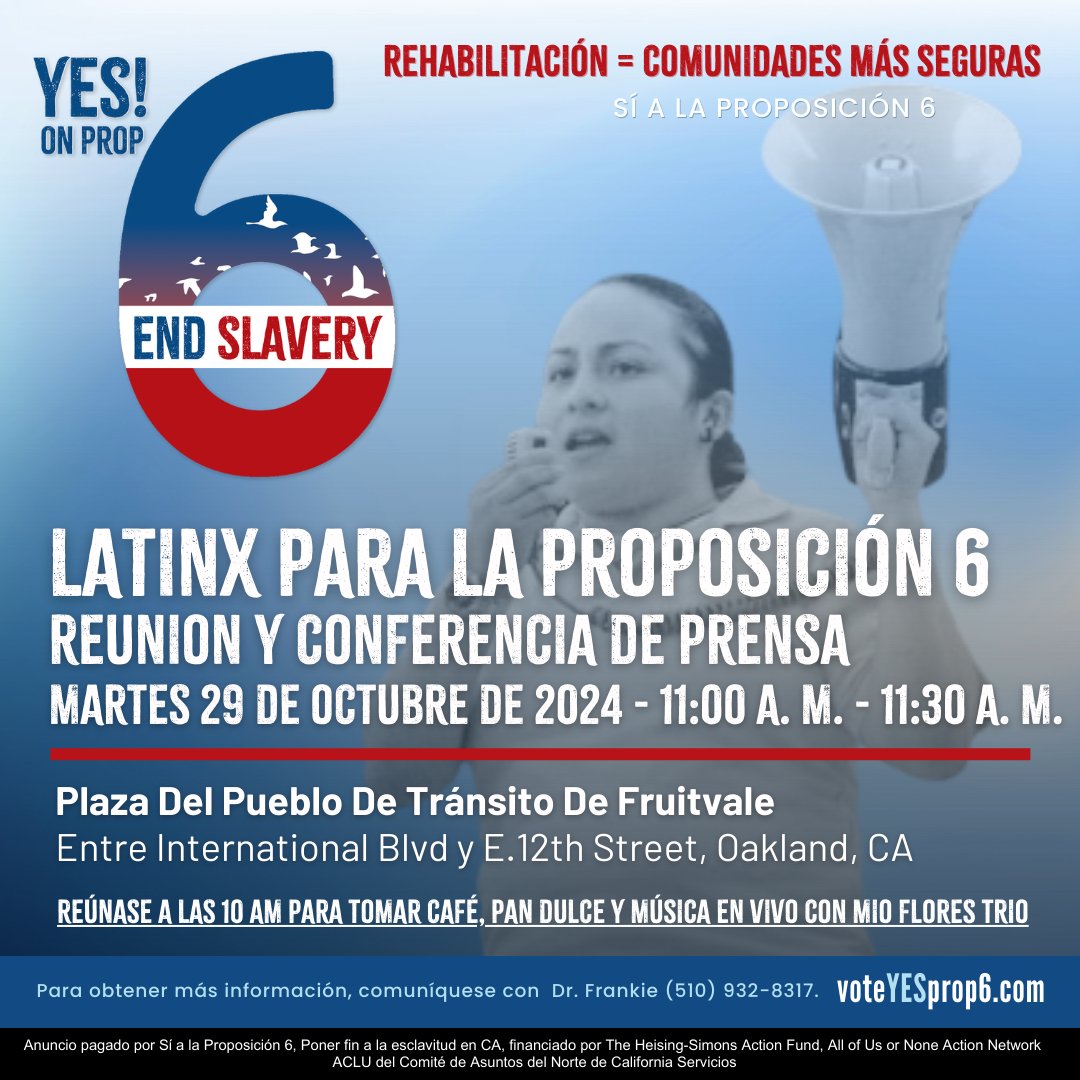 AOUONaction's tweet photo. OAKLAND! The Latinx community is coming together this Tuesday to rally for Prop 6! Come early for coffee, pan dulce, and live music from Mio Flores Trio ☕🥐💃 https://t.co/QDUOs5cDAA