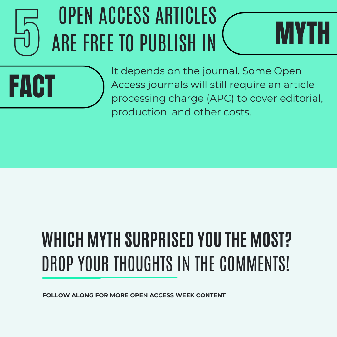 UConnHealthLib's tweet photo. Think you know Open Access? It’s time to bust some common myths! From quality concerns to publishing costs, we’re setting the record straight. Swipe through to uncover the truth about Open Access. 
#OAweek2024 #OpenAccess #OAinHealth https://t.co/MXUEedb6i1