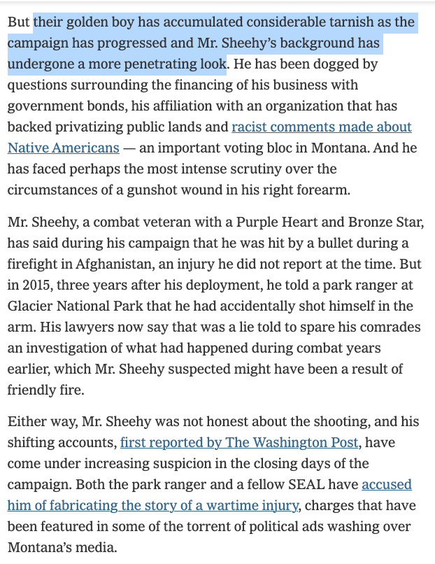 EliCousin's tweet photo. Just an absolutely brutal look at the mounting scrutiny Tim Sheehy is facing from @hillhulse:

- "has accumulated considerable tarnish as the campaign has progressed"

- "dogged by questions surrounding the financing of his business"

- "Sheehy was not honest about the shooting" https://t.co/yOVxczwSk6