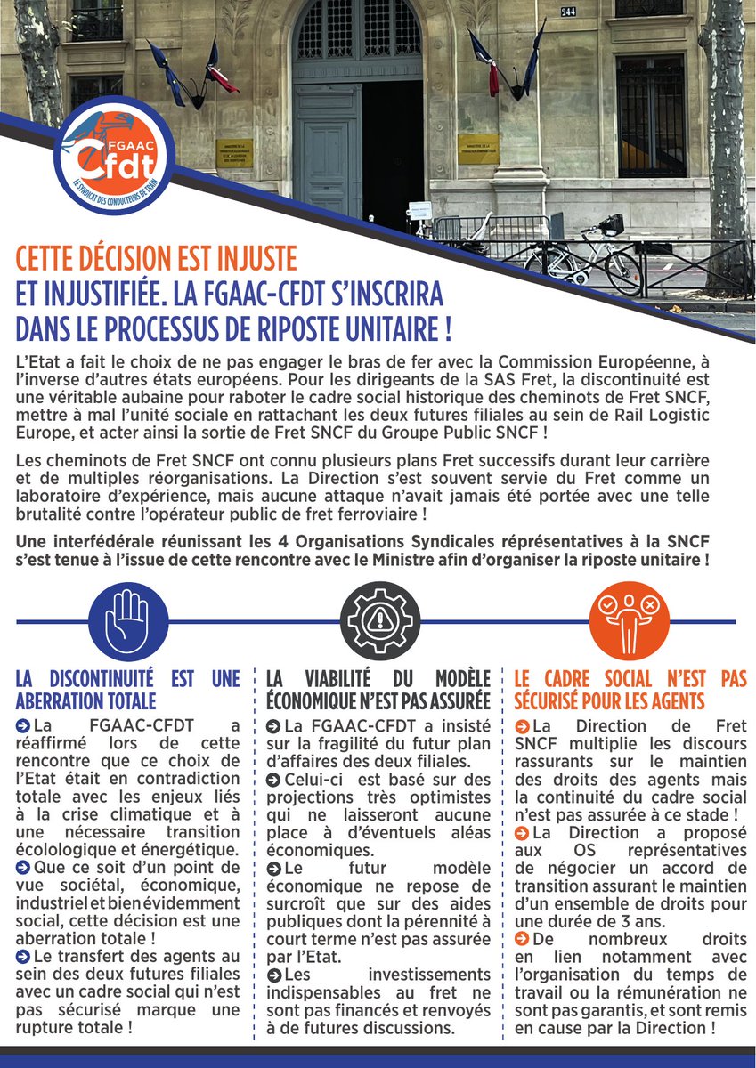 [LIQUIDATION DE FRET SNCF] Le ministre des transports confirme le choix du pire ! La #FGAAC-CFDT dans le processus de riposte unitaire !!
👉 ow.ly/uUzS50TUUAB
👇👇👇