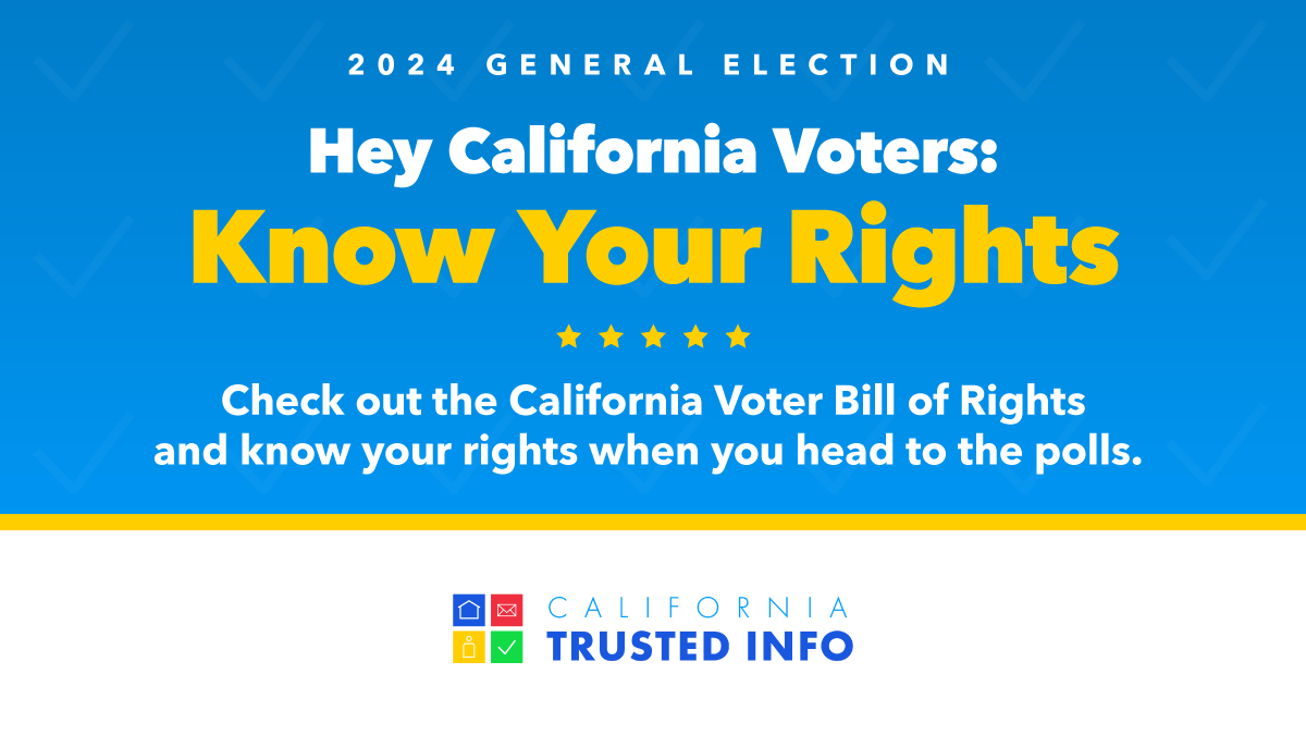 8 DAYS until the election! #DYK you have rights as a #CAVoter? Don’t let anything prevent you from casting your ballot!  bit.ly/4gApQ9e #CATrustedInfo2024 #GeneralElection2024 #VoteCA #CaliforniaSOS #ShirleyNWeberPhD <a href="/NASSorg/">NASS</a>  <a href="/CalCities/">League of California Cities</a>  <a href="/CSAC_Counties/">California State Association of Counties®</a>