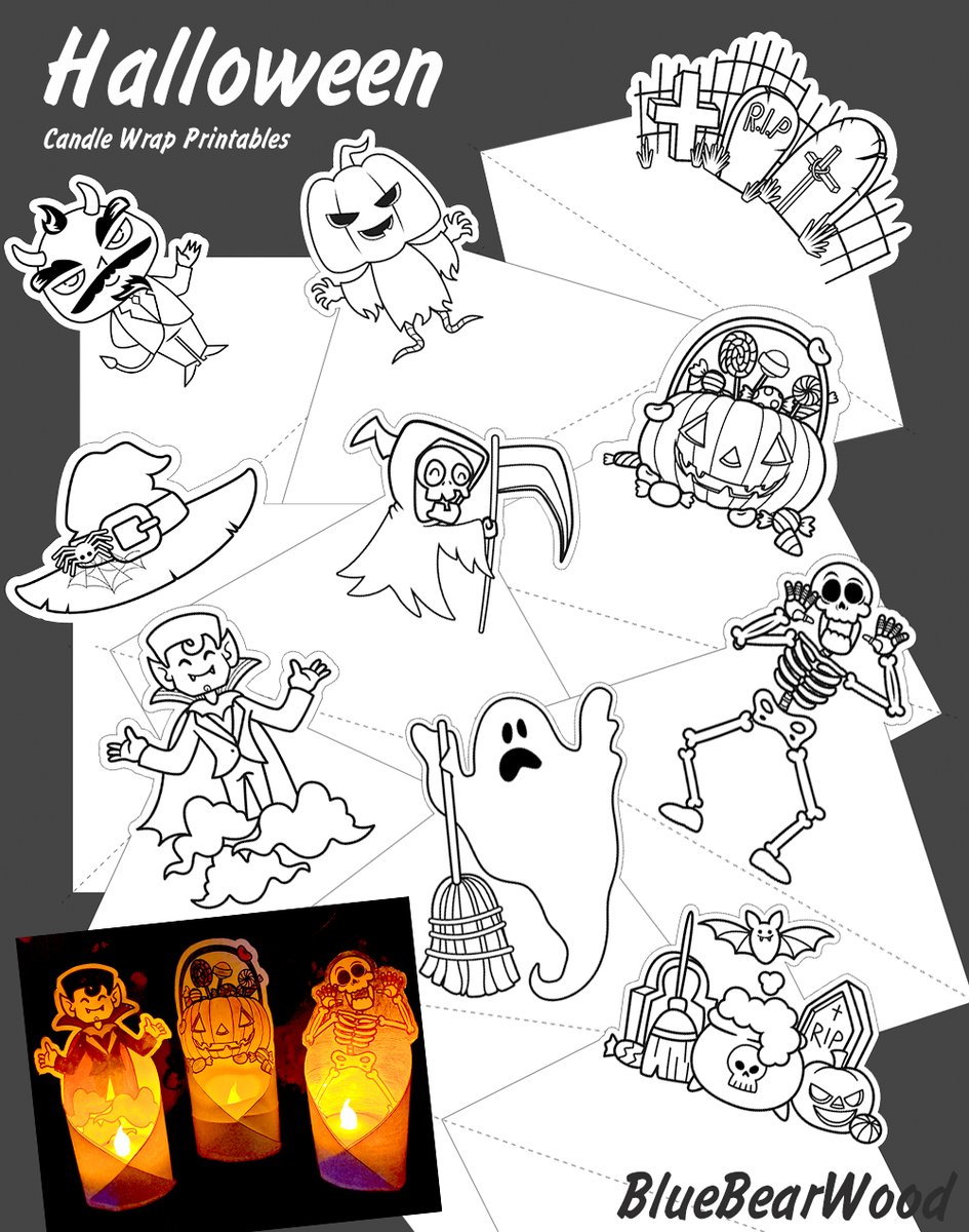 Cute Tealight Candle Wraps for your doorstep/Porch. Download them from the website bluebearwood.co.uk/halloween-cand… #halloweendecor #freeprintables #kidsactivities