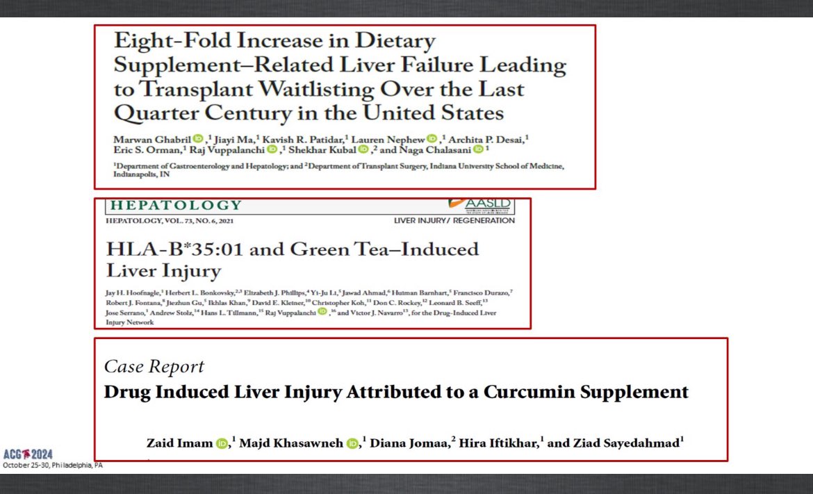 Christina Tennyson MD (@tennysonmd) on Twitter photo Drug Induced Liver Injury by <a href="/nagachalasani/">Naga Chalasani</a>
✅Review herbal supplements
✅Culprits include Green Tea Extract (pill) , Curcumin especially mixed with black pepper, kratom, and a few cases also ashwaganda
✅Almost 20% DILI related to herbal dietary supplements
#ACG2024 Drug Induced Liver Injury by <a href="/nagachalasani/">Naga Chalasani</a>
✅Review herbal supplements
✅Culprits include Green Tea Extract (pill) , Curcumin especially mixed with black pepper, kratom, and a few cases also ashwaganda
✅Almost 20% DILI related to herbal dietary supplements
#ACG2024