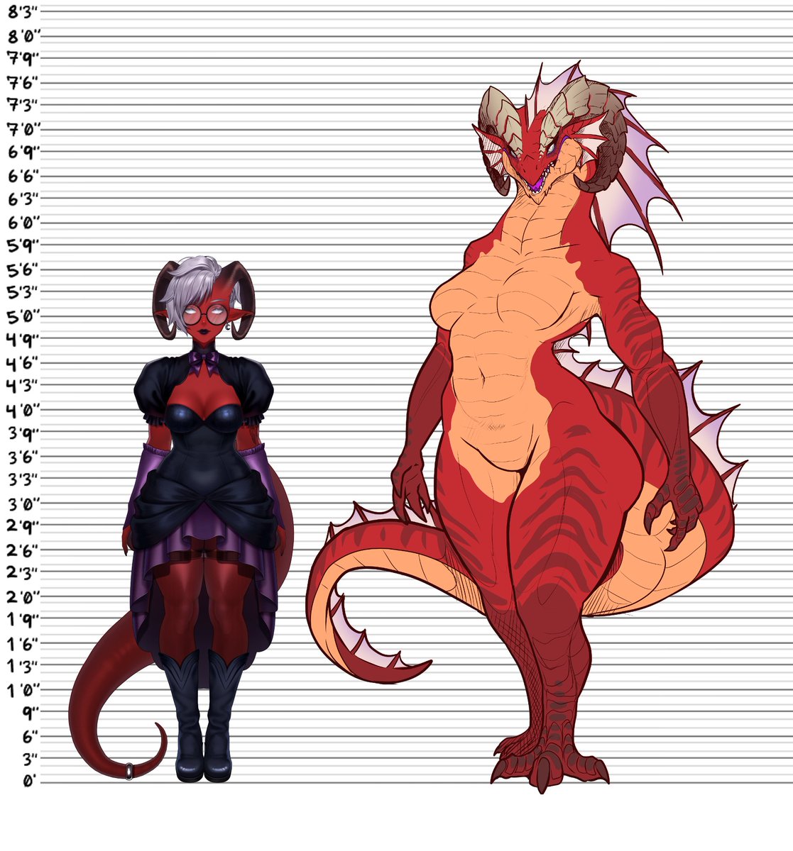Since everyone's been asking: Official size charts! ✨

Tiefling Melissa is 5'6" whereas Half-Dragon Melissa is 7'6" 🐉