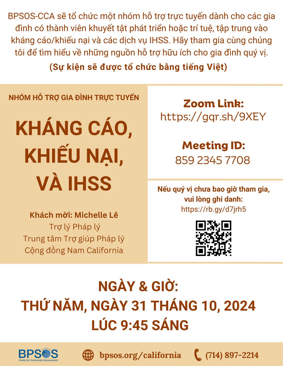 BPSOSCCA's tweet image. BPSOS-CCA cordially invites you to attend our virtual support group that focuses on appeals, grievances, as well as IHSS services for families with developmental or intellectual disabilities loved ones. #Appealsprocess #Focusgroup