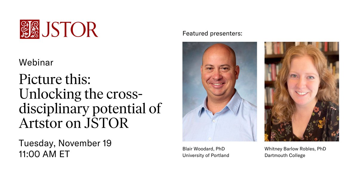 #Librarians + #faculty! Discover how to unlock the full potential of #ArtstorOnJSTOR at our #webinar on Nov 19 @ 11 AM ET w/ Blair Woodard <a href="/UPortland/">University Of Portland</a> + <a href="/wbarlowrobles/">Whitney Barlow Robles</a> <a href="/dartmouth/">Dartmouth 🌲</a> as they share how they use #images to enhance student learning. Free reg: bit.ly/4e7DAWF