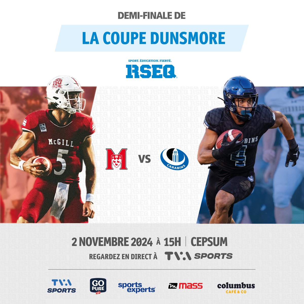 COUPE DUNSMORE 2024!🏈

Les demi-finales provinciales du football universitaire qui auront lieu le 2 novembre 2024.

12h00 <a href="/The_Stingers/">Concordia Stingers</a> vs <a href="/rougeetor/">Rouge et Or</a> au Stade Telus

15h00 <a href="/McGillAthletics/">McGill Athletics</a> vs <a href="/Carabins/">Carabins</a> au CEPSUM

Le tout sera présenté sur les ondes de <a href="/TVASports/">TVA Sports</a>, à 12h et à 15h