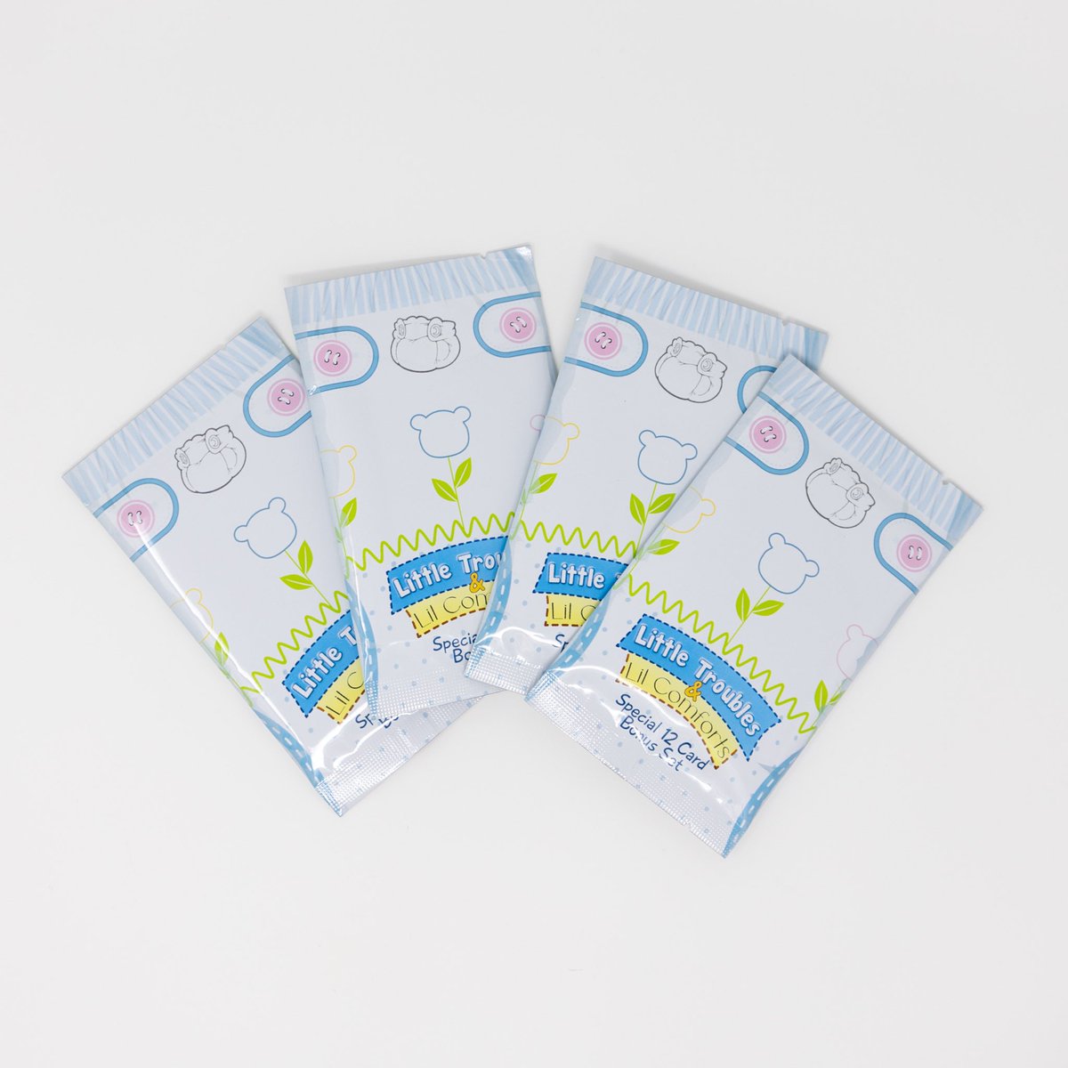LilComforts's tweet photo. We’re excited to announce our partnership with a Babyfur + Regression trading card game, and we’re now offering our very first set of Lil Comforts cards! As a longtime fan of TCGs, being part of the design and creation process has been such an amazing experience. Be sure to check them out at @LilTroublesTCG 

In each pack you get a fixed set of 11 cards, and 1 special Cubz Card; but you can get all 4 if you get the full 4 pack set~  🧸