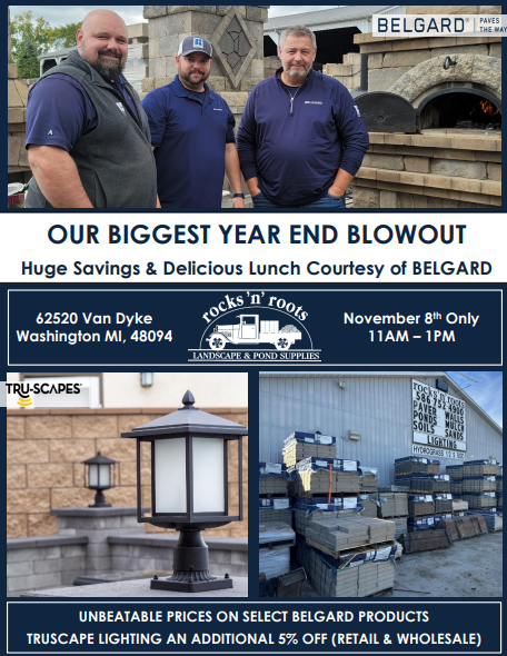 rocksnroots's tweet photo. YEAR END BLOWOUT! You won't want to miss this! Save big on select Belgard Products AND enjoy a free lunch courtesy of #belgard π! It doesn't end there! Take an additional 5% off on all #truscapes lighting! Don't miss out! We'll see you there Friday November 8th at 11AM-1PM!! https://t.co/PD5x3ja098