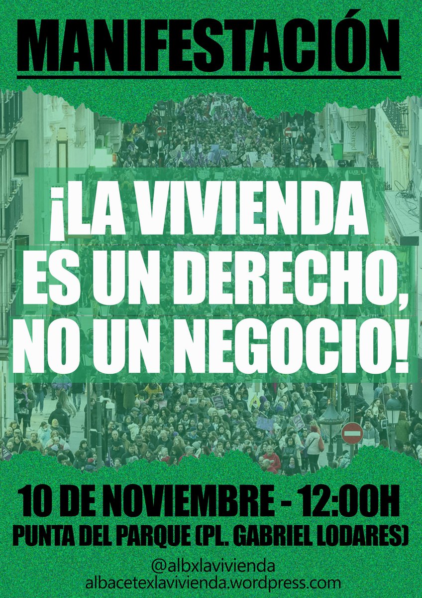 📢Nos manifestamos el próximo 10 de noviembre por el derecho a la vivienda en #Albacete 

🔴¡La vivienda es un derecho, no un negocio!