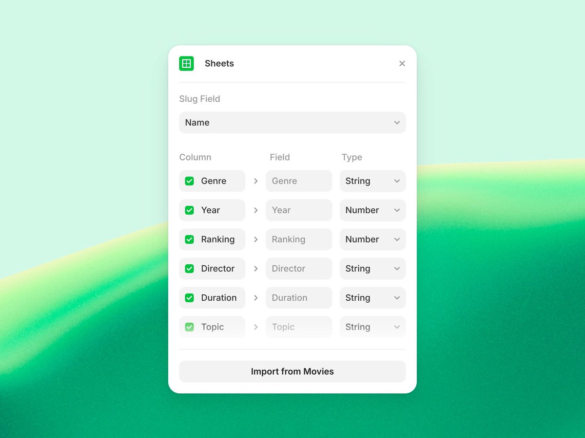Want to keep your content up-to-date without manual entry? There’s a plugin for that!

🔗 Sync Google Sheets directly with Framer CMS
⚡ One-click updates from the CMS toolbar
📊 Map columns effortlessly to Framer fields for organized data flow
📂 Select sheets easily from a