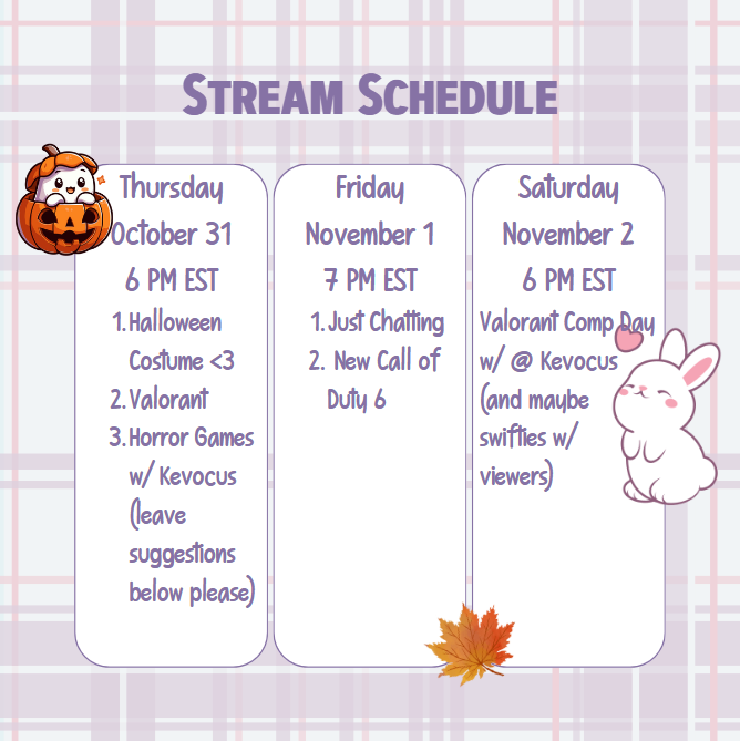 nimcodon's tweet photo. This week's stream schedule!!! What's your costume this spoopy season? I'm considering a Misa cosplay 🤔
#Halloween #twitchaffiliated #twitch #SpookySzn https://t.co/S2estymYg8