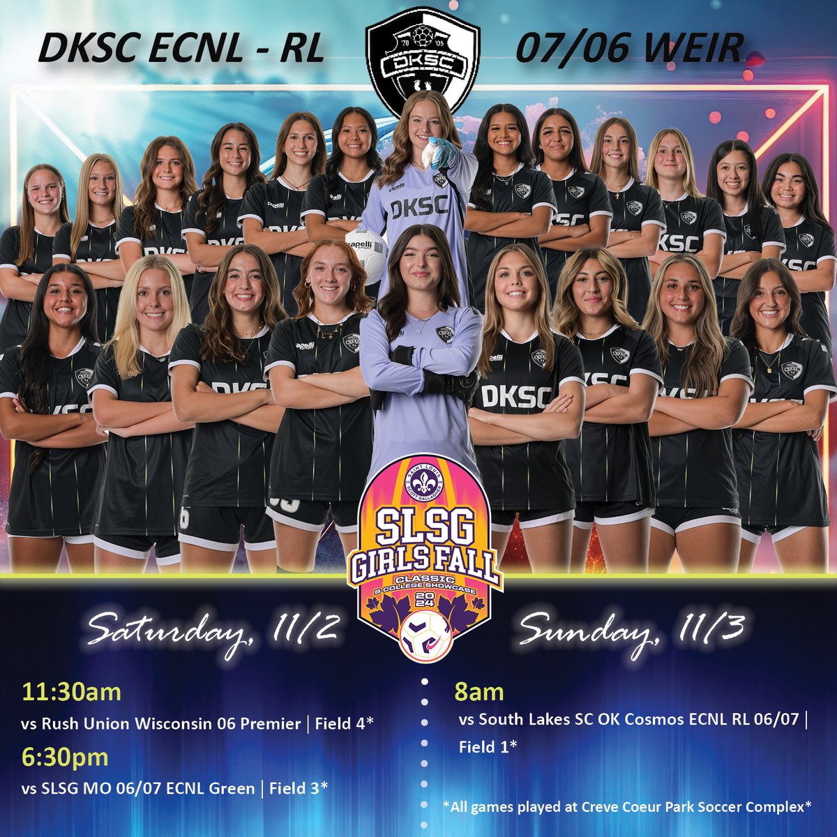 DKSC U18/U19 ECNL-RL (@dkscweir0607_rl) on Twitter photo We are headed to St. Louis for the SLSG Girls Fall Classic College Showcase this weekend!
Coaches you don't want to miss this talented group of young ladies! Schedule ⬇️ #dkscproud
<a href="/ImCollegeSoccer/">College Soccer Truth ™</a> <a href="/ImYouthSoccer/">ECNL/GA/Recruiting/College Soccer</a> <a href="/TopDrawerSoccer/">TopDrawerSoccer</a> <a href="/TheSoccerWire/">SoccerWire</a> <a href="/PrepSoccer/">Prep Soccer ⚽️</a> <a href="/SSN_NCAASoccer/">Sidelines - College Soccer</a> We are headed to St. Louis for the SLSG Girls Fall Classic College Showcase this weekend!
Coaches you don't want to miss this talented group of young ladies! Schedule ⬇️ #dkscproud
<a href="/ImCollegeSoccer/">College Soccer Truth ™</a> <a href="/ImYouthSoccer/">ECNL/GA/Recruiting/College Soccer</a> <a href="/TopDrawerSoccer/">TopDrawerSoccer</a> <a href="/TheSoccerWire/">SoccerWire</a> <a href="/PrepSoccer/">Prep Soccer ⚽️</a> <a href="/SSN_NCAASoccer/">Sidelines - College Soccer</a>