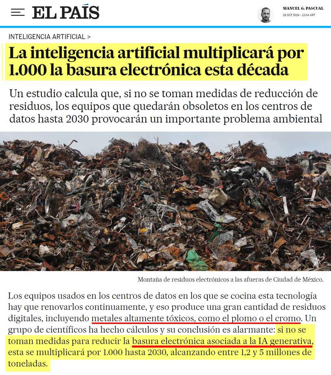 ArteEsEtica's tweet photo. La huella ambiental de la IA generativa no se limita al consumo energético, emisiones de carbono o al gasto de agua para refrigerar sus Centros de Datos. 🚨 La IA generativa produce basura artificial y también basura material en la forma de residuos digitales altamente tóxicos. https://t.co/pVLQxAgWE5