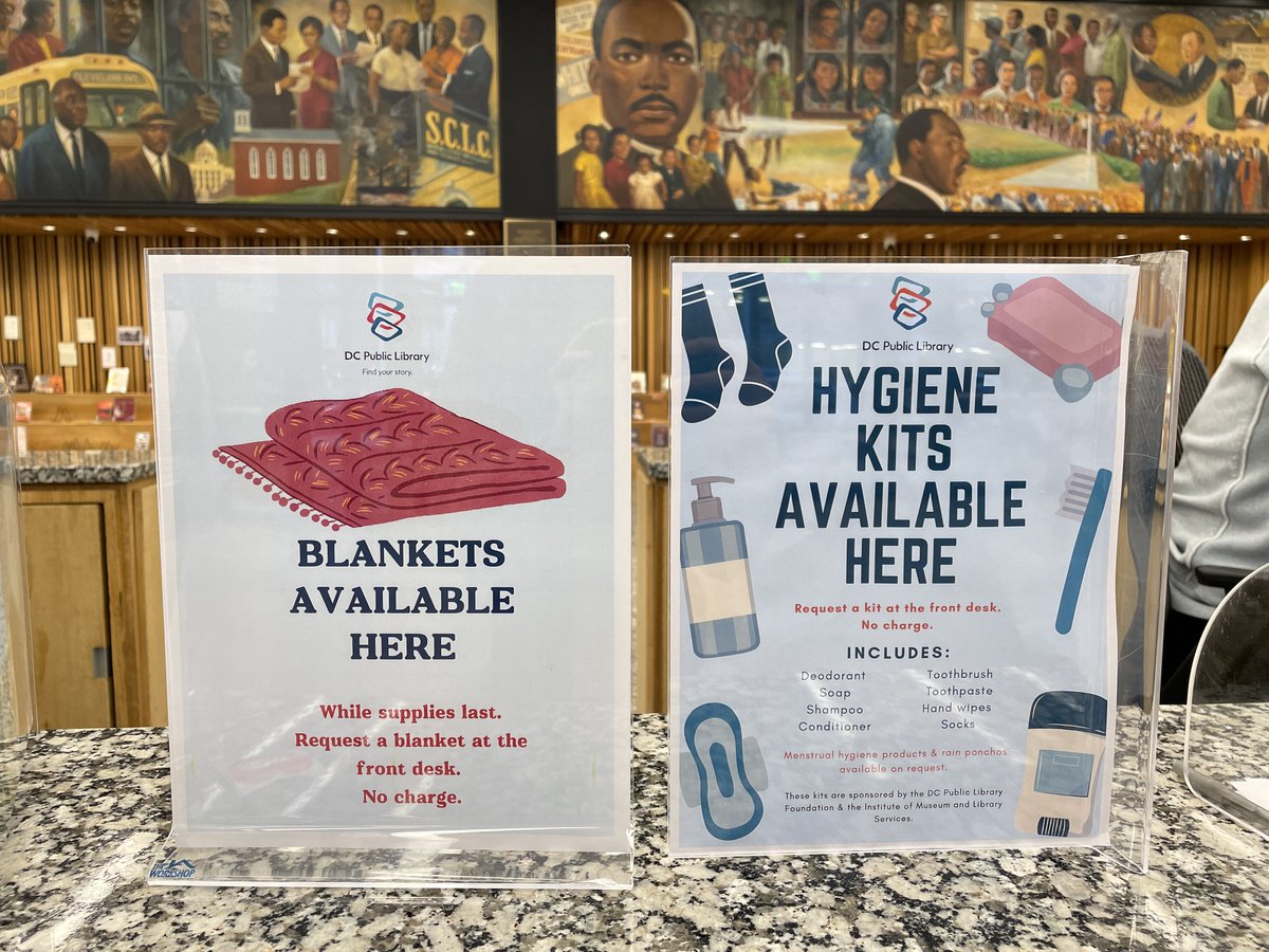 🧣 ❄️ Friendly Reminder! As the weather gets colder, we have warm blankets and hygiene kits available at your DC Public Library. Request a kit at the front desk—no charge. 

🌟Available while supplies last. Made possible by <a href="/DCHumanServ/">DC Department of Human Services</a> <a href="/LoveDCLibrary/">DC Public Library Foundation (DCPLF)</a> &amp; <a href="/US_IMLS/">IMLS</a>