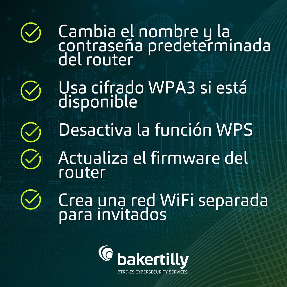 BakerTilly_RD's tweet photo. 📶 ¿Tu red WiFi está protegida? Asegúrate de que no sea una puerta abierta para ciberataques. Aquí te dejamos algunos pasos clave para asegurar tu conexión.
Para soluciones en materia de Ciberseguridad Contáctanos:
📩 Info@bakertilly.com.do
📲 +1 (809) 6213306
#BTRD https://t.co/WkaUWxRfSn