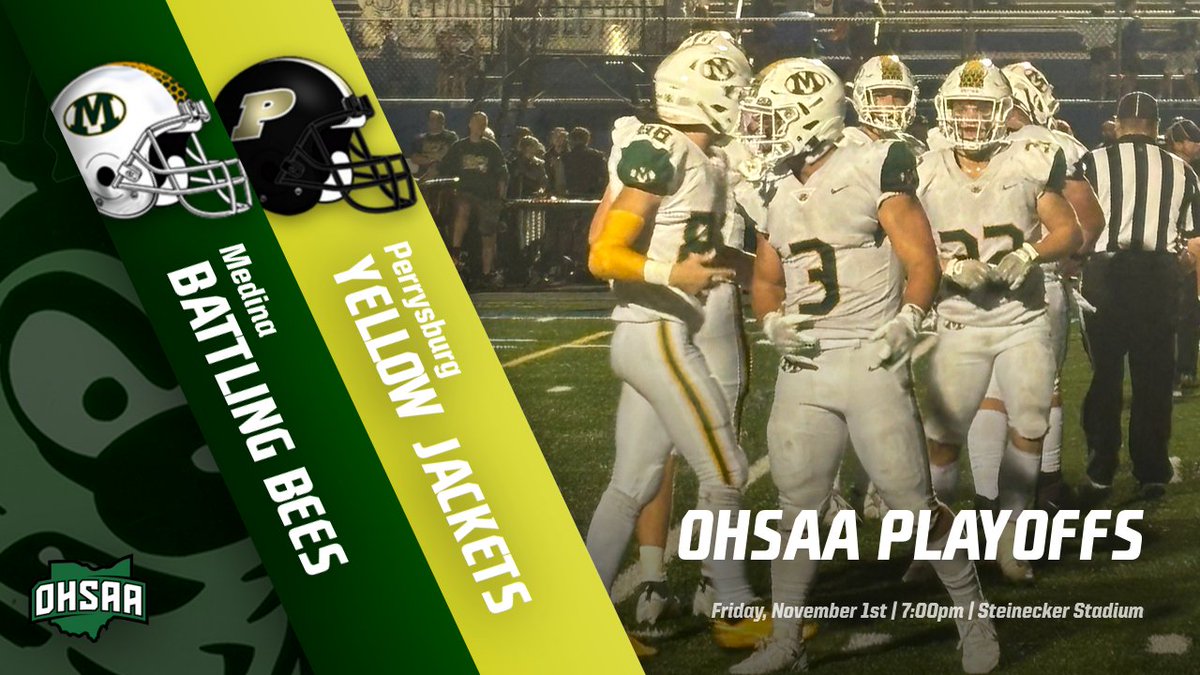 The Battling Bees will travel to Perrysburg and take on the Yellow Jackets this Friday 11/1 @ 7pm in an OHSAA Division I First Round matchup.  Check out Medinaathletics.com for more info. <a href="/MHSBeesFB/">Medina Football</a> <a href="/MCScomm1/">MCS Communications</a> <a href="/MedinaBoosters/">MedinaBoosters</a> <a href="/MedinaGazette/">The Gazette</a>