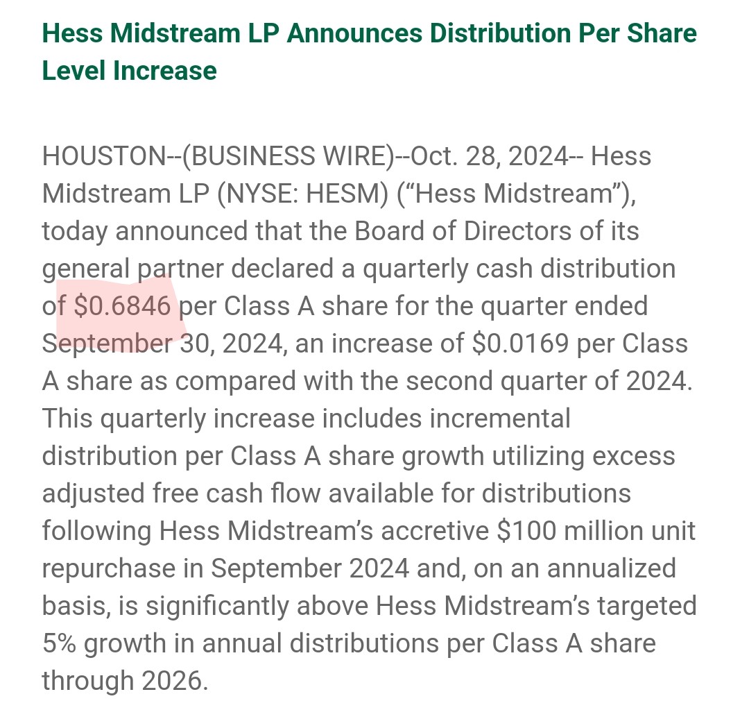 jitanpapa's tweet image. ヘス・ミッドストリーム（#HESM）🛢️が11月分配金を発表！🎉🎉🎉
今回　$0.6846
前回　$0.6677 
前年　$0.6175