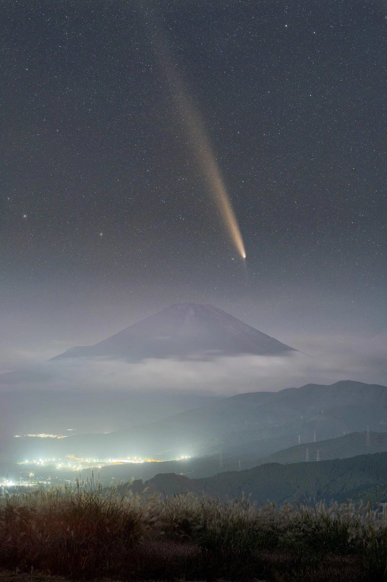 MAstronomers's tweet photo. Not a scene from anime... this incredible view is of Comet Tsuchinshan-ATLAS over Mount Fuji, Japan

📸 @fahrens_photo https://t.co/Z73PbQExQA