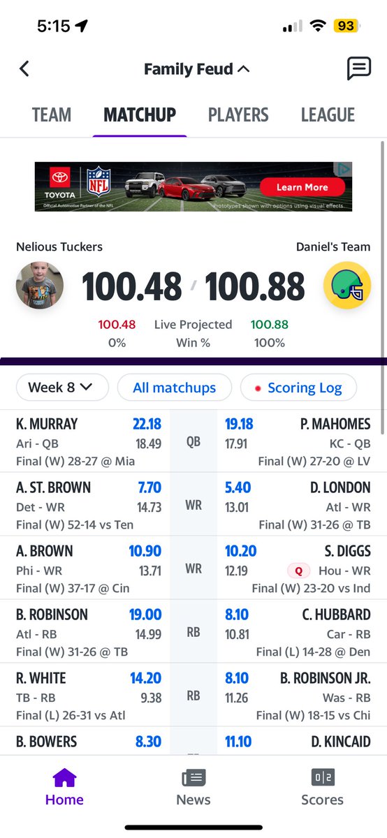 TheLCSnyder's tweet photo. @YahooFantasy apparently there’s been a stat correction for Bijan Robinson. Giving him 7 receptions instead of 6. Yahoo will be adjusting, correct? Giving me the win. https://t.co/rNOhlFKfwU
