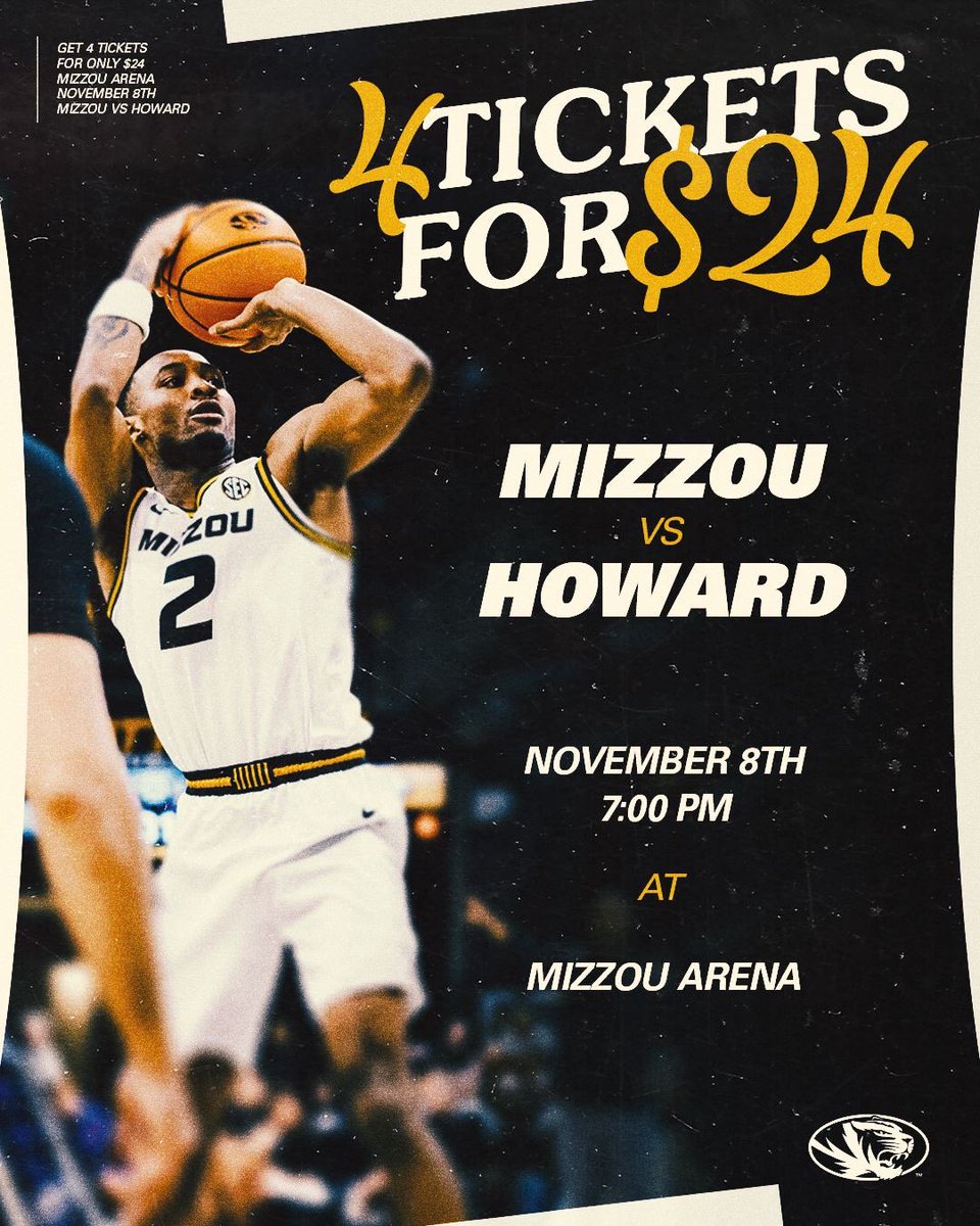 It's time to show out, Mizzou Nation! 4 tickets for only $24. Don't miss the home opener!
#MIZ #ETTB
<a href="/mizzouathletics/">Mizzou Athletics</a> <a href="/mizzouhoops/">Mizzou Hoops</a>
UL
17
: November 8
0: 7:00 pm
: Mizzou Arena : https://fevo-
enterprise.com/event/2024256
210
