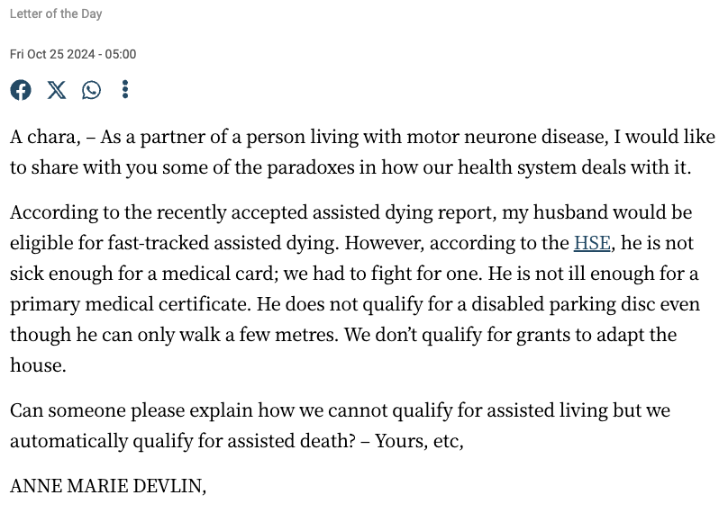 Devastating letter on assisted dying published by the Irish Times last Friday
irishtimes.com/opinion/letter…