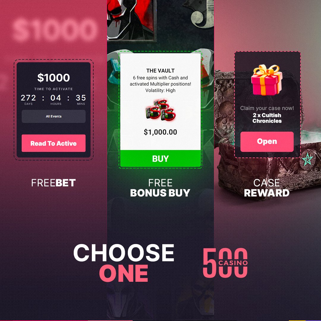 Choose one: 

- $1000 Freebet 🏅
- $1000 Bonus buy - Cash Crew ($10 Base bet) 🔒
- 2X Cultish Chronicles

🔁 + 500ID