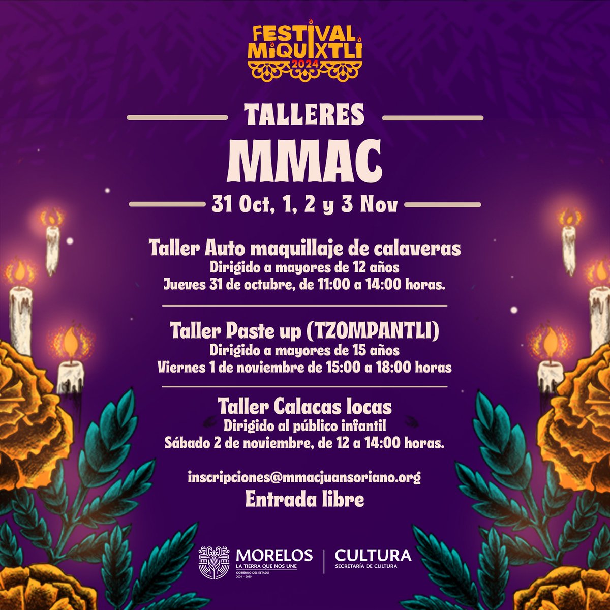 mmacjs's tweet photo. El MMAC tendrá una programación especial durante el Festival Miquixtli ¡Te esperamos! Participa en los talleres, para ello manda un correo a: inscripciones@mmacjuansoriano.org y solicita la lista del material.
Entrada libre https://t.co/w7IvvW8mcN