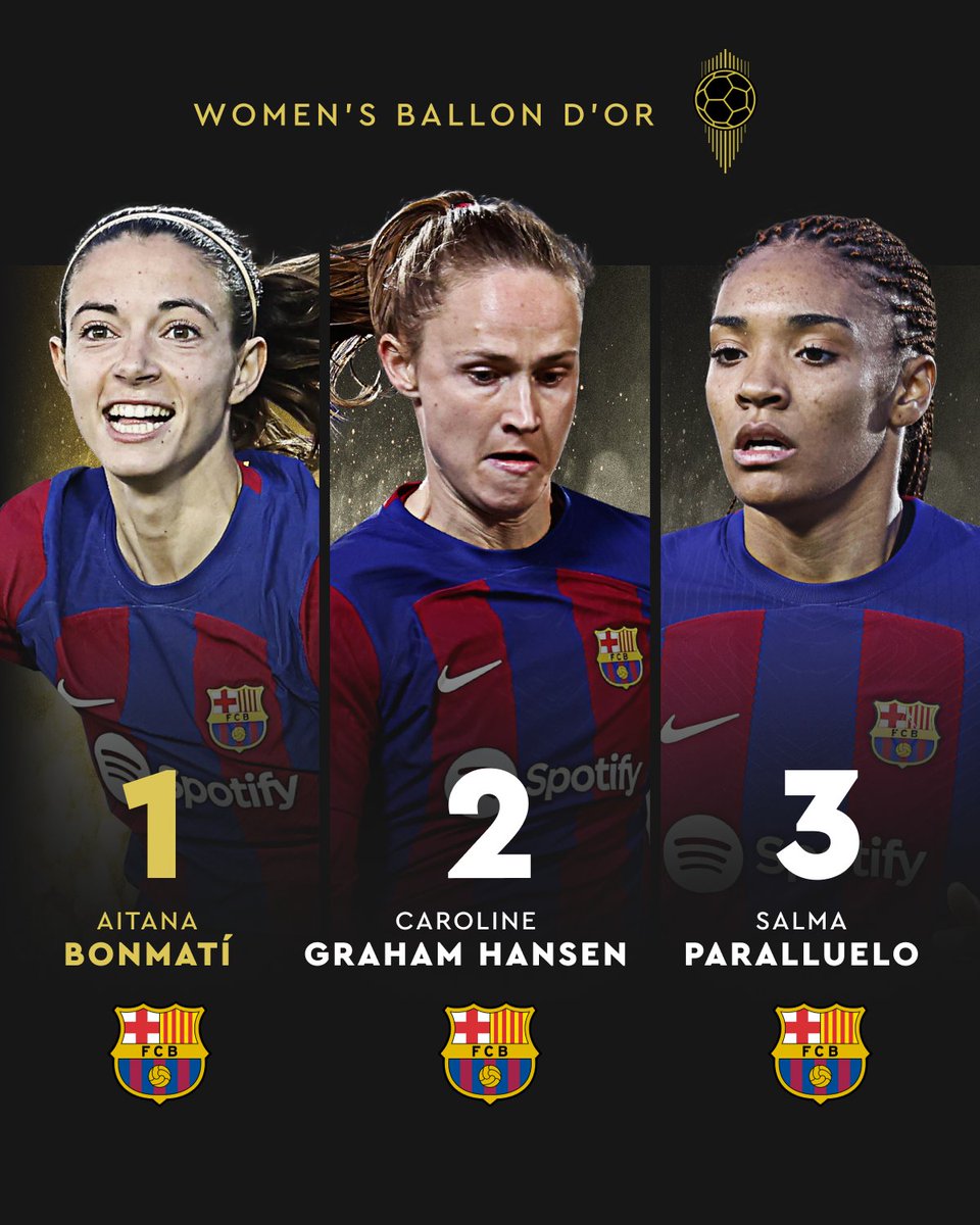 🔵🔴 Triplete histórico de un equipo de 𝐥𝐞𝐲𝐞𝐧𝐝𝐚

⭐️ <a href="/AitanaBonmati/">Aitana Bonmatí Conca</a>, <a href="/CarolineGrahamH/">Caroline Graham</a> y <a href="/SalmaParalluelo/">Salma</a>, las tres mejores del mundo 

#BallonDor