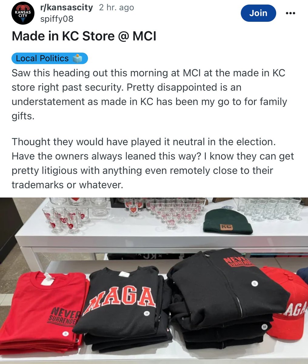 JusticeHorn_'s tweet image. As someone who worked to make the Kansas City International Airport inclusive, I’m disappointed in this.

We didn’t kick Chick-Fil-A out and ensure all gender bathrooms were available just for MAGA apparel to make it on the shelves—This isn’t the values we built this airport on.