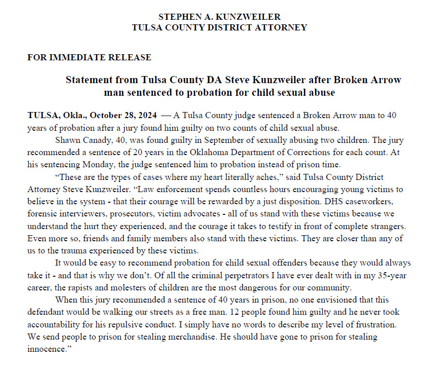 Erin_Christy's tweet photo. Tulsa County DA Steve Kunzweiler expresses great frustration toward a judge who sentenced a convicted child abuser to probation after a jury recommended a 40 year prison sentence. https://t.co/bR7aPMV7So