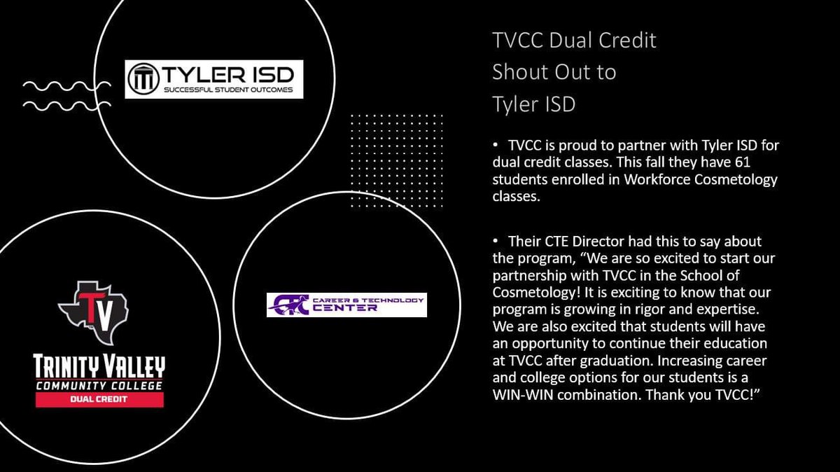 We are proud to partner with Tyler ISD Career and Technology Center to offer Cosmetology as dual credit to their high schools. This is the first year for this partnership and can't wait to see these students on campus to earn their certificates. Way to go CARDS!
