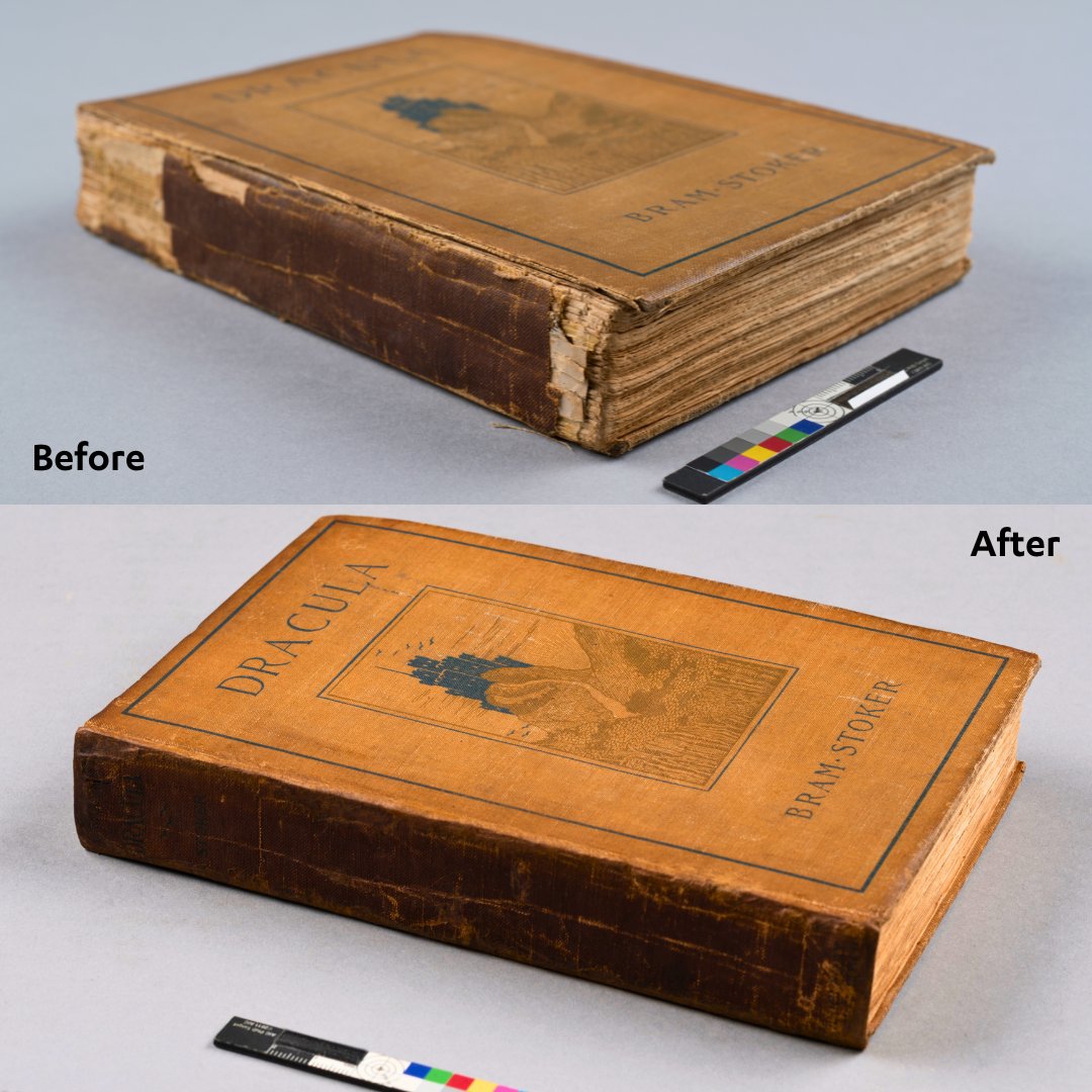 UCLALibrary's tweet photo. UCLA Library Preservation &amp; Conservation can't promise eternal life, but can extend the lives of Library materials!

See an 1899 copy of #BramStoker’s #Dracula—which includes a note from Stoker himself—in person at Powell Library on 10/31, 1-3:30 PM

RSVP: https://t.co/Kb1OYObnHK https://t.co/jNZUKTXkmt