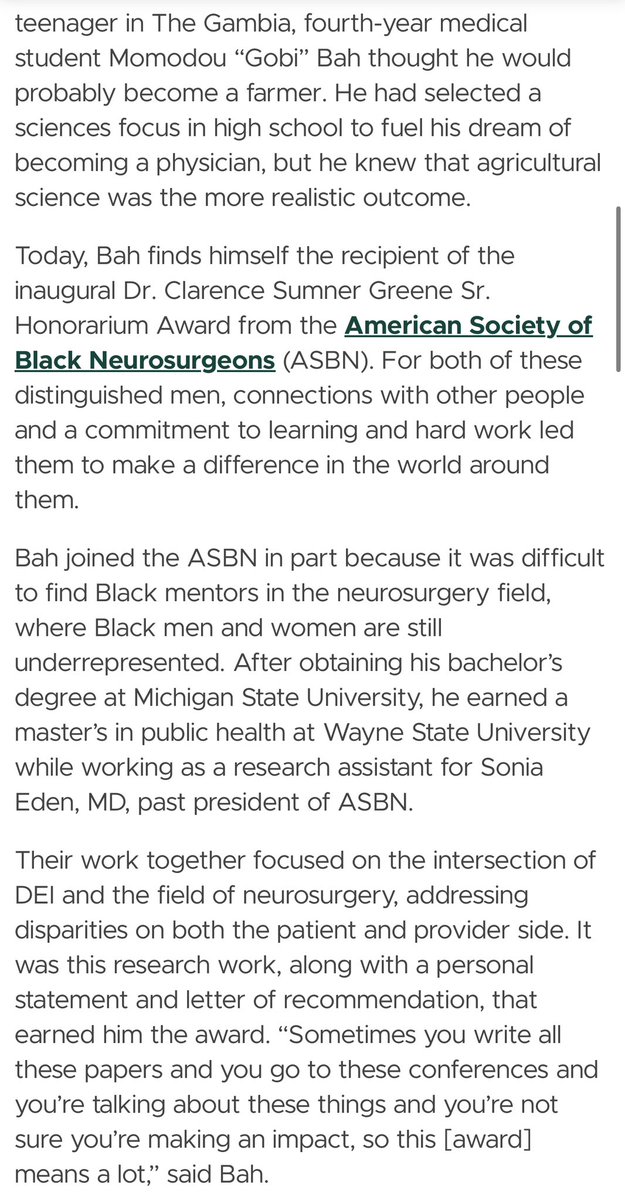 GobiBah1's tweet image. Thank you @MSUMD for capturing my story and why I am passionate about pursuing a career in neurosurgery. Profoundly grateful. 🙏🏾
#medtwitter #Neurosurgery #GlobalHealth #Gambia #spartanswill @amsobns