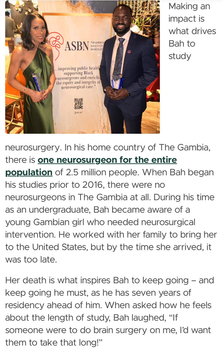 GobiBah1's tweet image. Thank you @MSUMD for capturing my story and why I am passionate about pursuing a career in neurosurgery. Profoundly grateful. 🙏🏾
#medtwitter #Neurosurgery #GlobalHealth #Gambia #spartanswill @amsobns