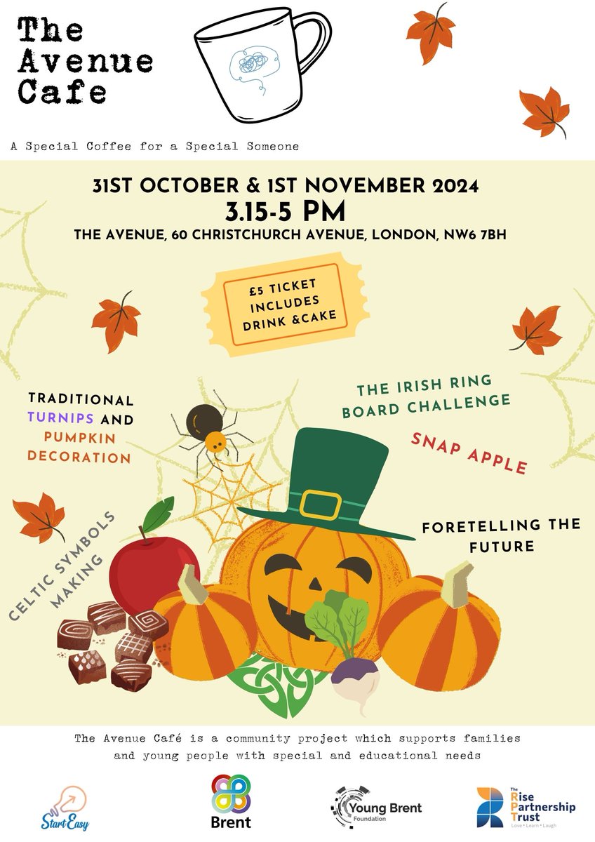 Join us for a spooktacular Halloween celebration #TheAvenueCafe! 🎃👻
Enjoy traditional decorating, Celtic symbol making, snap apple, the Irish ring board challenge, and even fortune telling! 🍎✨

£5 ticket includes a drink and cake. ☕🍰
#Halloween #CommunityEvent #SpecialNeeds