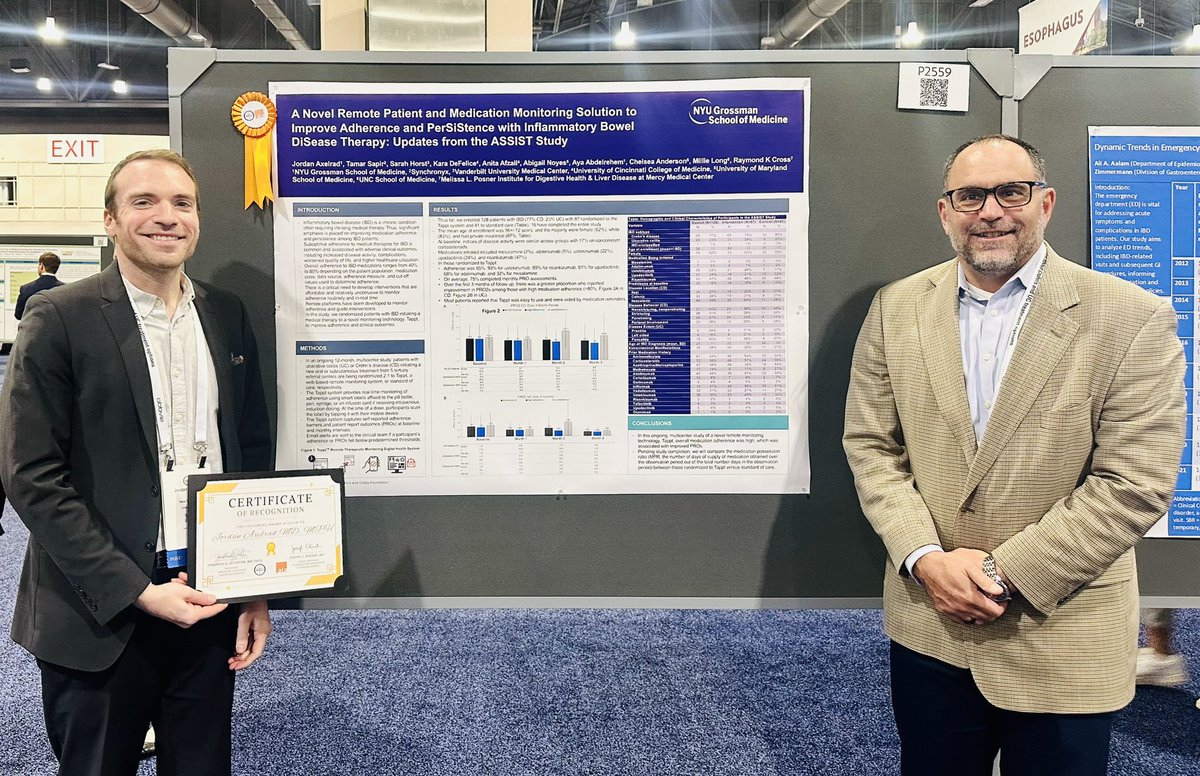 Jordan Axelrad, MD, MPH (@drjordanaxelrad) on Twitter photo Thank you <a href="/AmCollegeGastro/">ACG</a> <a href="/AmericanTelemed/">American Telemed</a> <a href="/sameerkberry/">Sameer K Berry, MD, MBA</a> for recognizing the ASSIST study using <a href="/Synchronyx_Inc/">Synchronyx</a> #Tappt to improve adherence to #IBD medical therapies
<a href="/Marylandibddoc/">Raymond Cross</a> <a href="/MLongMD/">Millie Long</a> <a href="/IBD_Afzali/">Anita Afzali MD, MPH, MHCM, FACG, AGAF</a> <a href="/HorstIBDDoc/">Sara Horst MD, MPH, FACG</a> <a href="/KDeFelice_IBD/">Kara De Felice</a> <a href="/CrohnsColitisFn/">Crohn's & Colitis Foundation</a> <a href="/nyugrossman/">NYU Grossman School of Medicine</a> <a href="/NYULH_GastroHep/">Gastroenterology & Hepatology | NYU Langone Health</a> Thank you <a href="/AmCollegeGastro/">ACG</a> <a href="/AmericanTelemed/">American Telemed</a> <a href="/sameerkberry/">Sameer K Berry, MD, MBA</a> for recognizing the ASSIST study using <a href="/Synchronyx_Inc/">Synchronyx</a> #Tappt to improve adherence to #IBD medical therapies
<a href="/Marylandibddoc/">Raymond Cross</a> <a href="/MLongMD/">Millie Long</a> <a href="/IBD_Afzali/">Anita Afzali MD, MPH, MHCM, FACG, AGAF</a> <a href="/HorstIBDDoc/">Sara Horst MD, MPH, FACG</a> <a href="/KDeFelice_IBD/">Kara De Felice</a> <a href="/CrohnsColitisFn/">Crohn's & Colitis Foundation</a> <a href="/nyugrossman/">NYU Grossman School of Medicine</a> <a href="/NYULH_GastroHep/">Gastroenterology & Hepatology | NYU Langone Health</a>