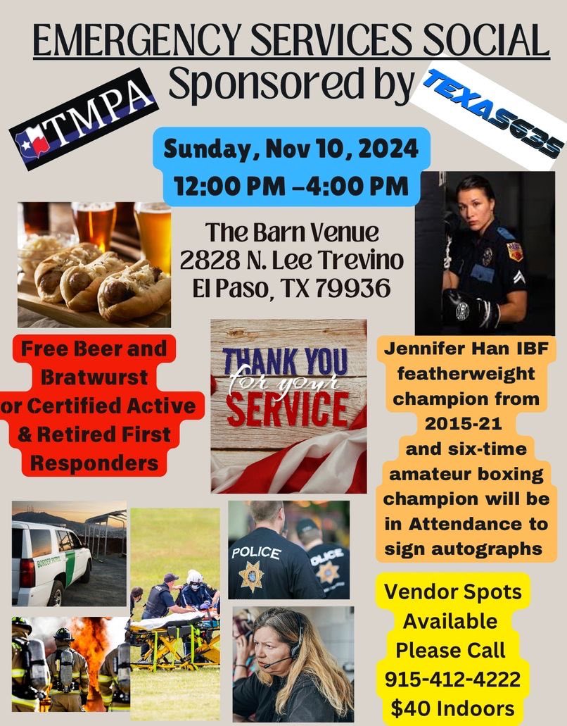 EP911District's tweet photo. 📢Calling All First Responders!📢 Happy to share this invite of the Body &amp; Mind Expo &amp; Emergency Services Social hosted by Texas 635 &amp; TMPA. This event honors active and retired heroes in 9-1-1, law enforcement, fire, and EMS in appreciation of their service! Don’t miss out! https://t.co/Hmt9sGWf8I