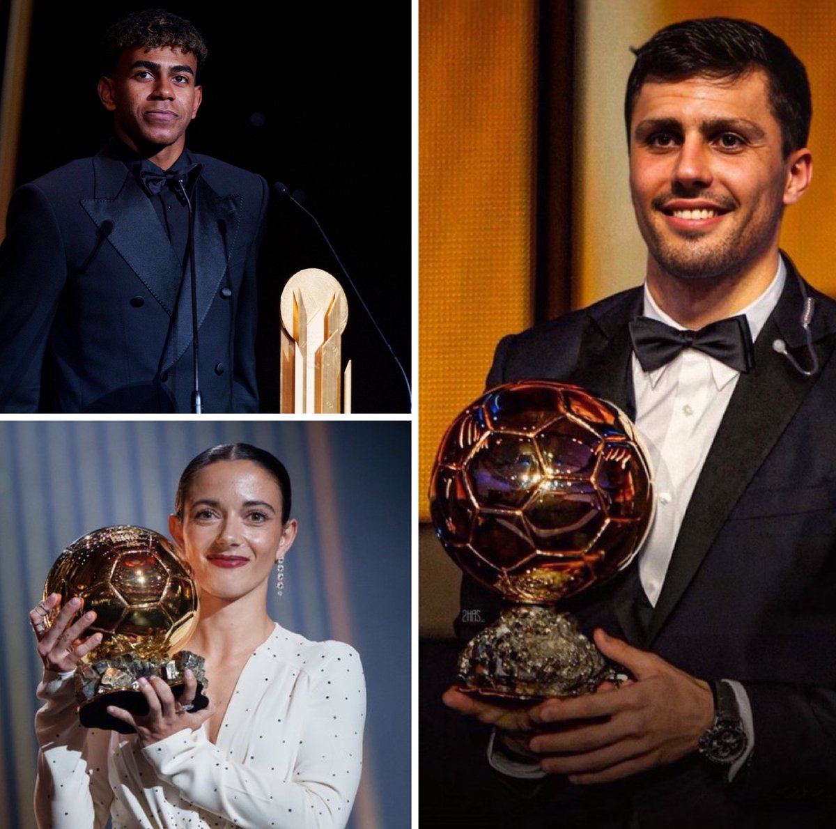 Rodrigo Hernández, balón de oro masculino.
Aitana Bonmatí, balón de oro femenino.
Lamine Yamal, mejor joven masculino.

🇪🇸 Lo nunca visto. Qué bonito es ser español. Día histórico.
