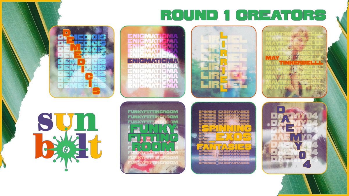 🌈 SUNBOLT CONCLUDES POSTING! Take a look at the graphic below (alt. text available) to see our creators for this round. 

Some hints:
☀️ 1 creator submitted 2 fanfictions to SUNBOLT
🌺 1 creator submitted both a fanfiction and a fanart
🌿 1 creator submitted only a fanart