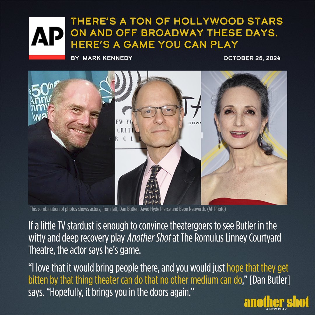 AnotherShotPlay's tweet image. #Frasier fans rejoice, there are so many opportunities to see your favorite stars on stage in NYC ⭐ Thanks for the feature, @APNews! 

Don't miss Dan Butler in #AnotherShot, now in previews for a limited engagement. Get tickets now at the link in our bio!